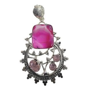 Handmade Silver Pendant with Pink Agate, Rose Quartz & Ornate Sterling Setting